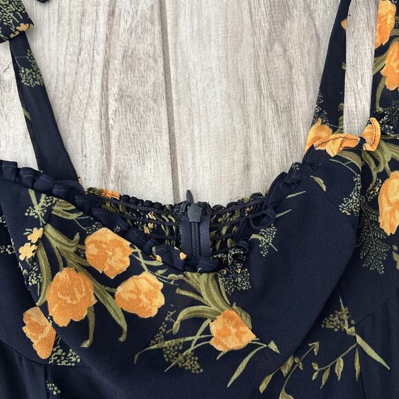 Reformation Navy Floral Tie Straps Fit Flare Nikita Midi Dress Sz 8 Viscose - Picture 2 of 14